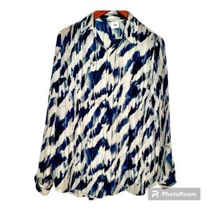 Cabi Moody Blues #3096 Blouse navy, white print long sleeve easier fit EUC sz S